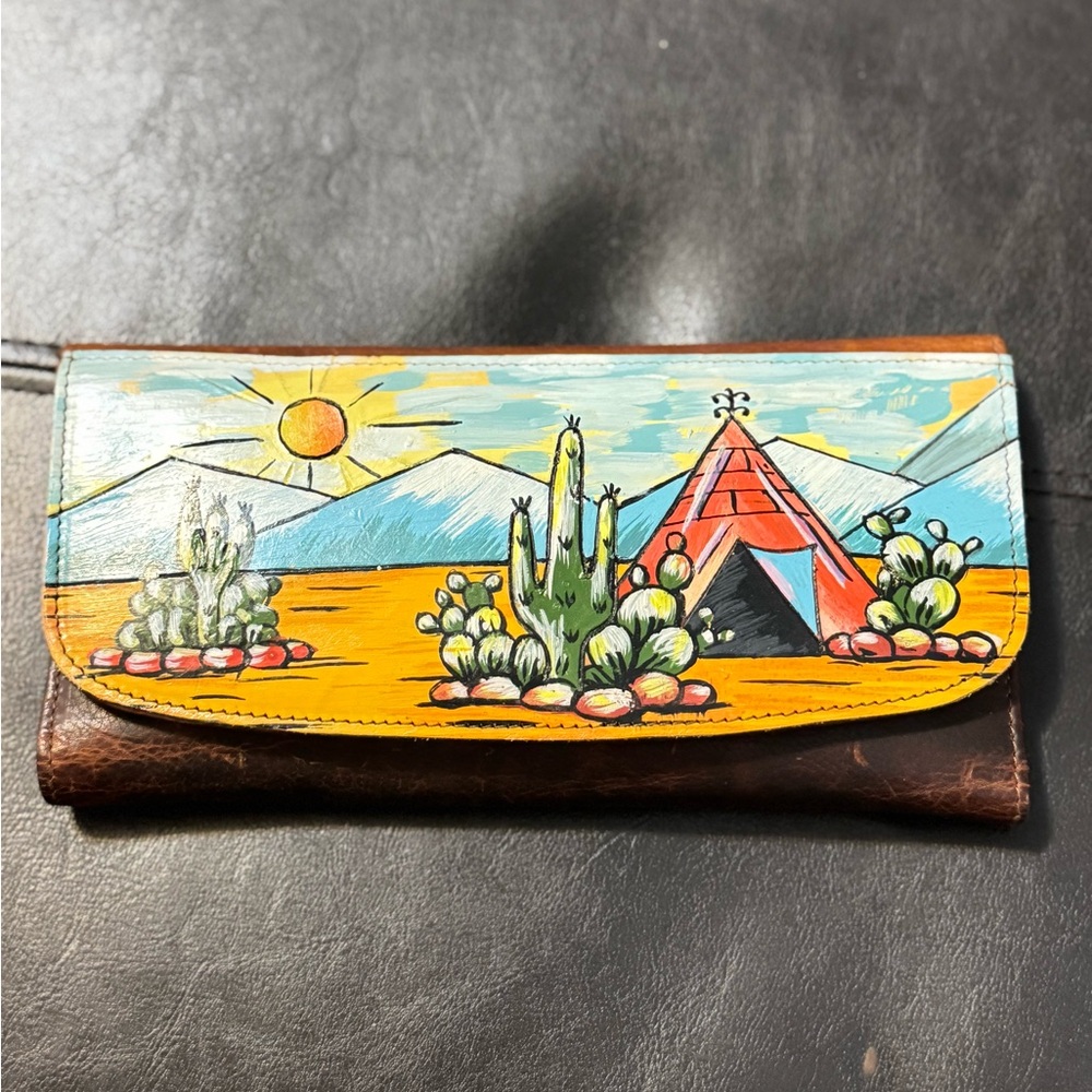 Painted Leather Tri-Fold Wallet with Desert Scene
